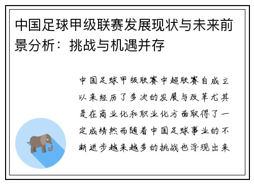 中国足球甲级联赛发展现状与未来前景分析：挑战与机遇并存