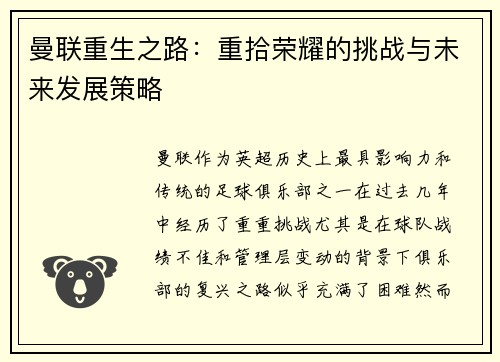 曼联重生之路：重拾荣耀的挑战与未来发展策略