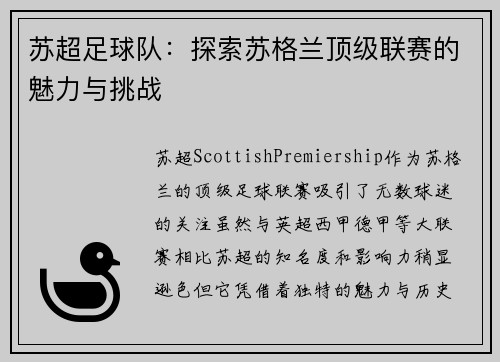 苏超足球队：探索苏格兰顶级联赛的魅力与挑战