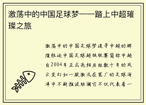 激荡中的中国足球梦——踏上中超璀璨之旅